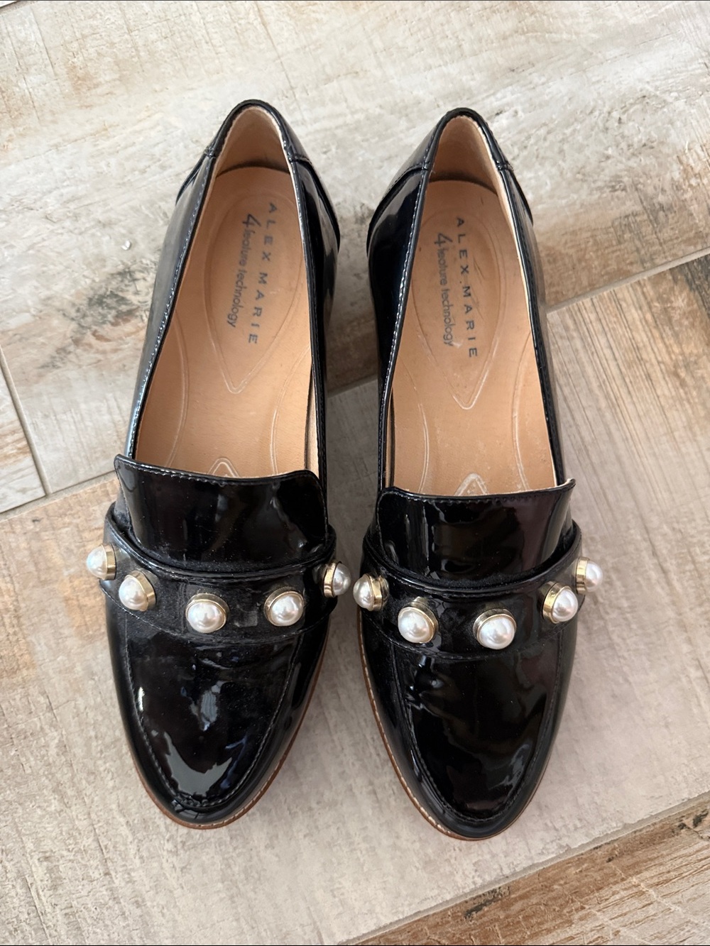 Alex Marie Black Patent Loafers with Pearl Accents